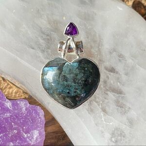 Larvikite black Moonstone & Amethyst Solid Sterling Silver Heart Pendant